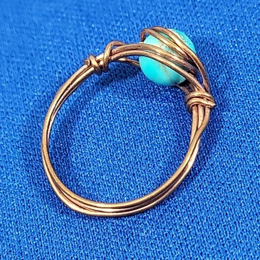 Copper‎ Wire Wrapped Ring Faux Turquoise Blue Stone Small Size 5 Urban Boho
